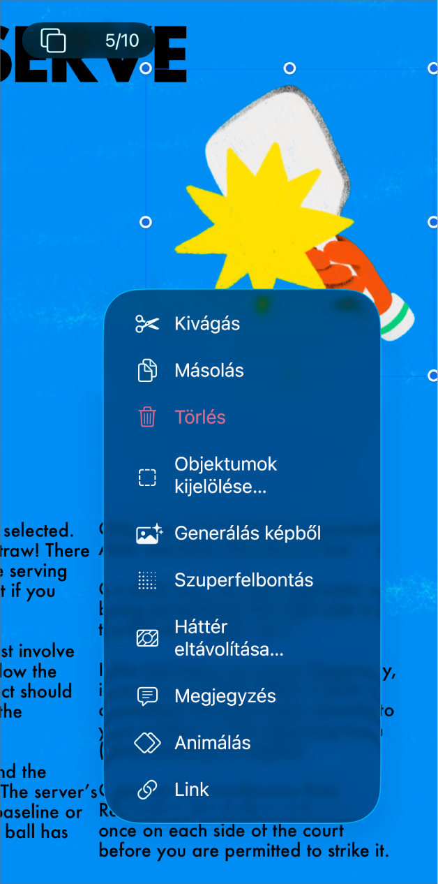 A Keynote app egy kijelölt objektummal. A kijelölt objektum felett megjelenő menüben az Animálás gomb látható.