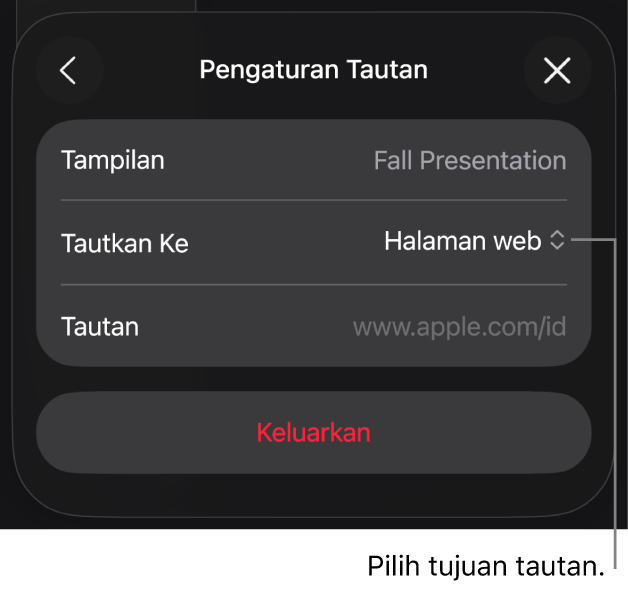 Kontrol Pengaturan Tautan dengan Halaman Web dipilih, dan tombol Hapus di bagian bawah.
