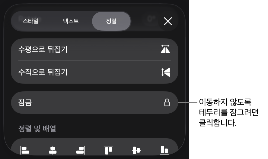 잠그기 버튼이 강조 표시된 포맷 메뉴의 정렬 제어기.