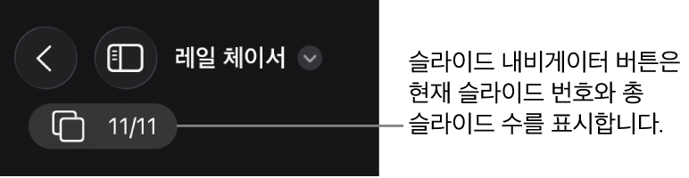 현재 슬라이드 번호 및 프레젠테이션의 총 슬라이드 개수를 표시하는 슬라이드 내비게이터 버튼.