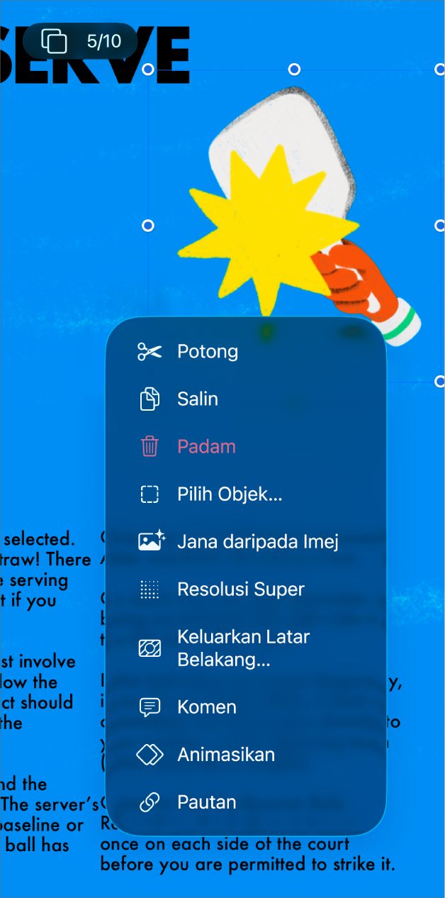 App Keynote dengan objek dipilih. Butang Animasikan kelihatan dalam menu di atas objek yang dipilih.