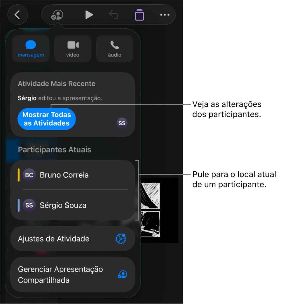 Menu de colaboração com participantes atuais listados.