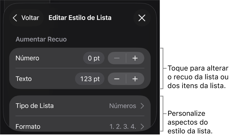 Menu de “Editar Estilo de Lista” com controles para editar o tipo e a aparência da lista.