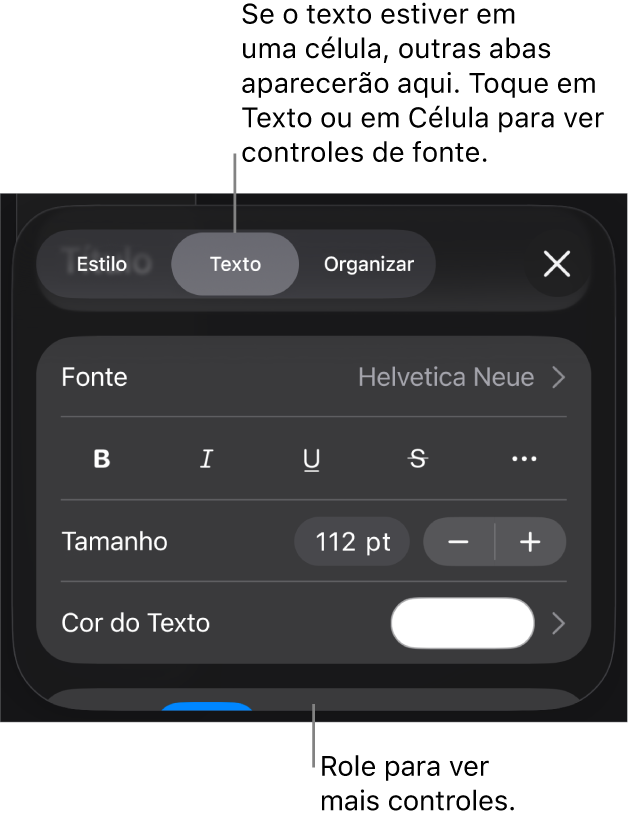 Controles de texto no menu Formatar para definir estilo, fonte, tamanho e cor de caractere e parágrafo.