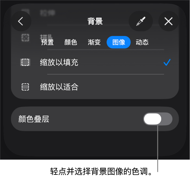 “背景”控制，其中图像设为幻灯片背景，底部为“颜色叠层”控制。