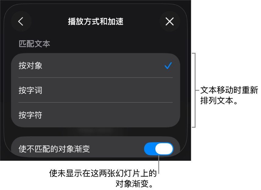 “加速”面板中“神奇移动”的播放方式和加速选项。