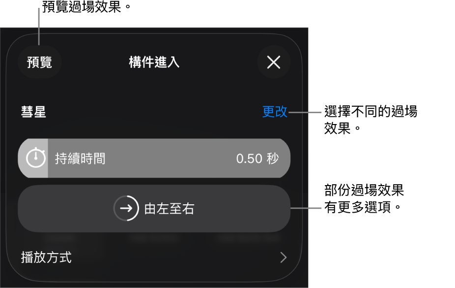 「選項」面板中用於修改過場效果的控制項目。