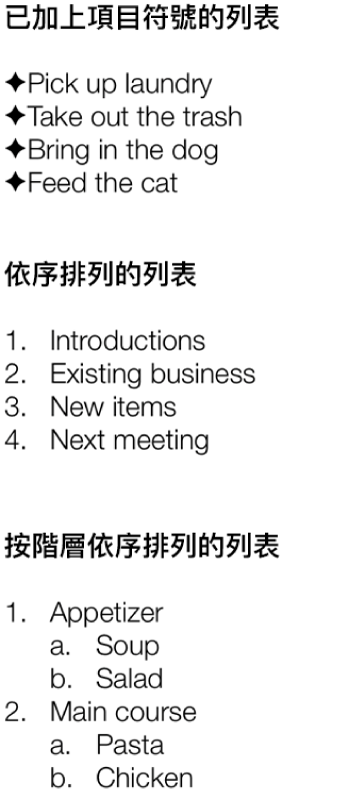 項目符號、排序和階層式列表的範例。