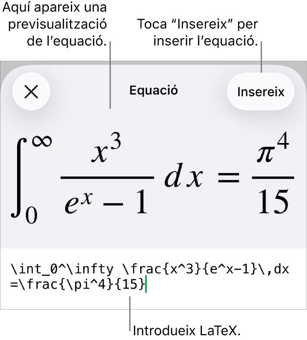 El quadre de diàleg “Equació” amb una equació escrita amb les ordres LaTeX i una previsualització de la fórmula al damunt.