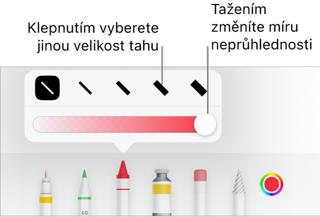 Ovládací prvky pro výběr velikosti tahu a jezdec pro úpravu neprůhlednosti.