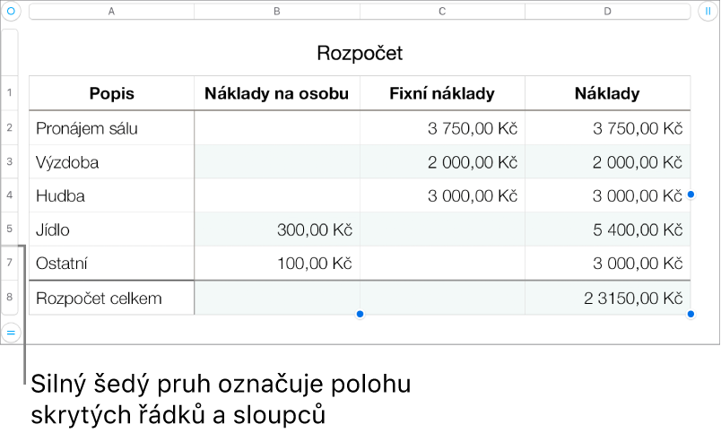 Silný šedý pruh znázorňující polohu skrytých řádků a sloupců