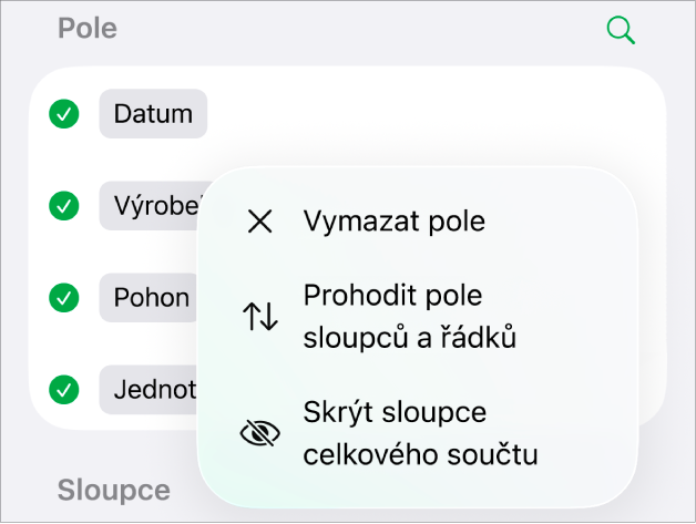 Nabídka „Další volby pole“ zobrazující ovládací prvky pro skrytí celkových součtů, prohození polí sloupců a řádků a vymazání polí