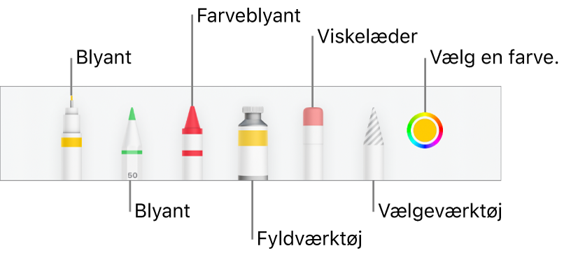 Værktøjslinjen i Numbers på iPhone med pen, blyant, farveblyant, fyldværktøj, viskelæder, vælgeværktøj og farvefelt, der viser den aktuelle farve.