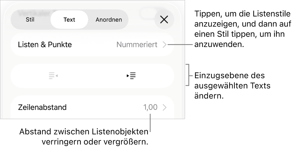 Der Abschnitt „Listen & Punkte“ der Formatsteuerungen mit Beschreibungen für „Listen & Punkte“, den Tasten „Einrücken“ und „Ausrücken“ und Steuerelemente für den Zeilenabstand