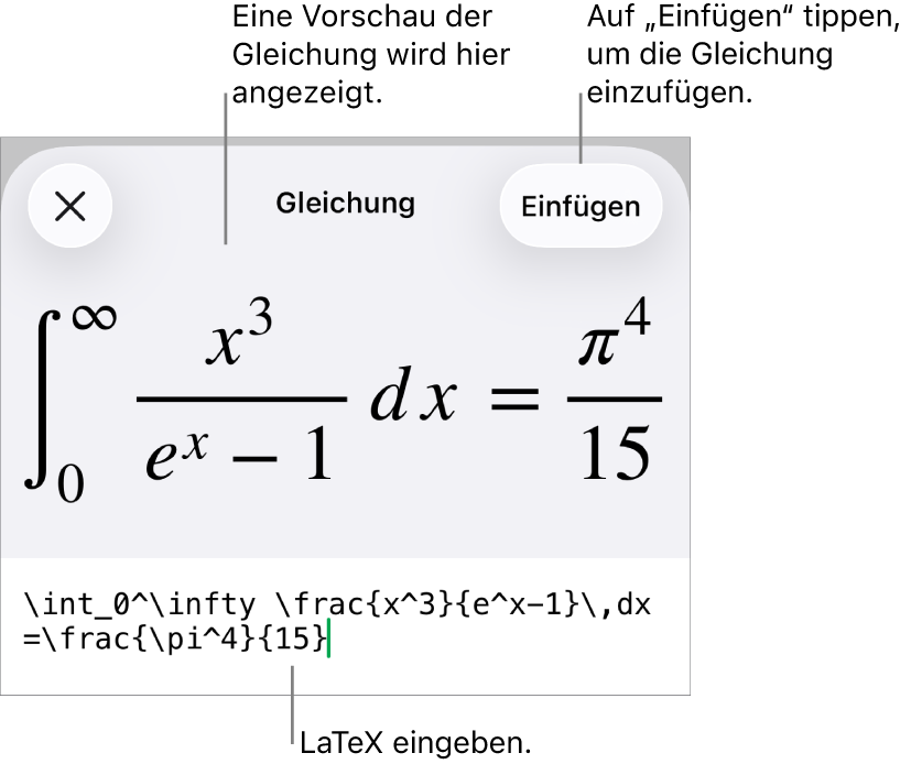 Im Dialogfenster „Gleichung“ wird eine Gleichung angezeigt, die mit LaTex-Befehlen geschrieben wurde, darüber wird eine Vorschau der Formel angezeigt.