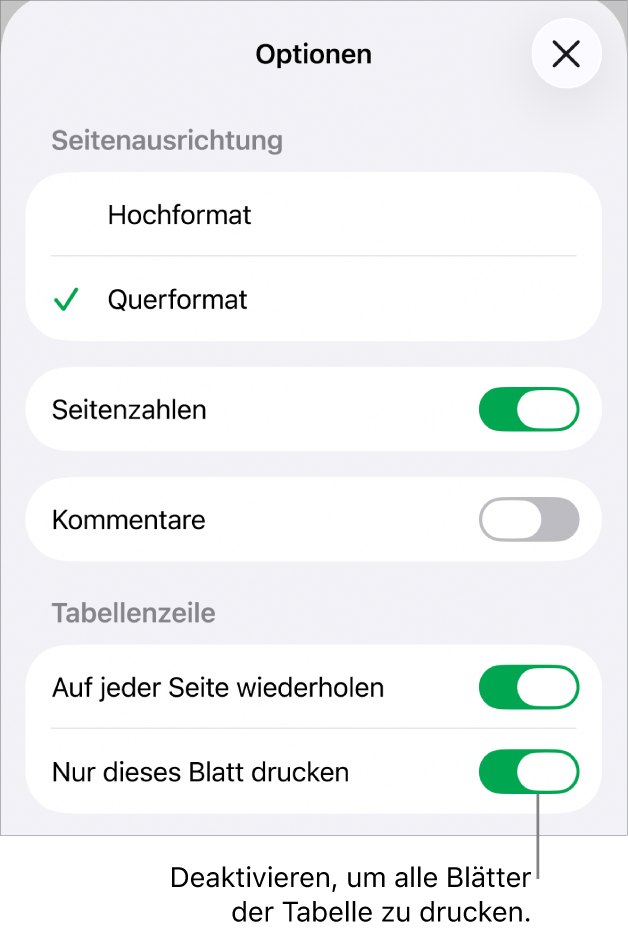 Druckoptionen zum Auswählen von Papierformat, Anzeigen von Seitenzahlen und Tabellentiteln und Auswählen der Papiergröße und welche Seiten gedruckt werden sollen.