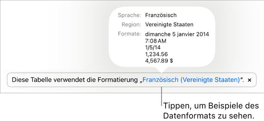 Die Mitteilung zur anderen Sprache und Region mit Beispielen der Formatierung in dieser Sprache und Region.