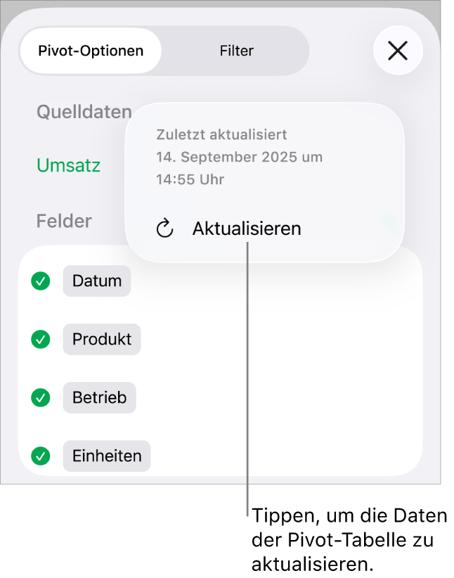 Das Menü „Pivot-Optionen“ mit der Option zum Aktualisieren der Pivot-Tabelle