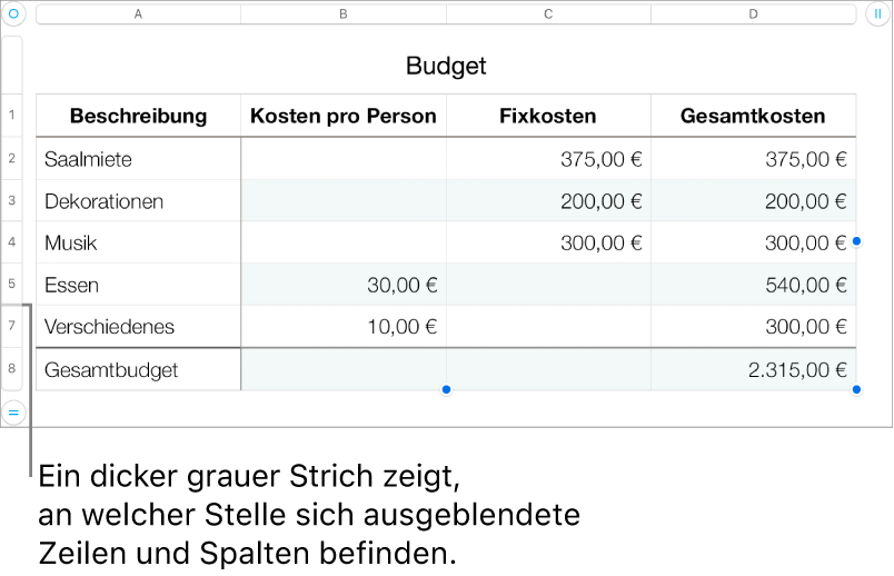 Ein dicker grauer Balken, der die Position von ausgeblendeten Zeilen und Spalten anzeigt