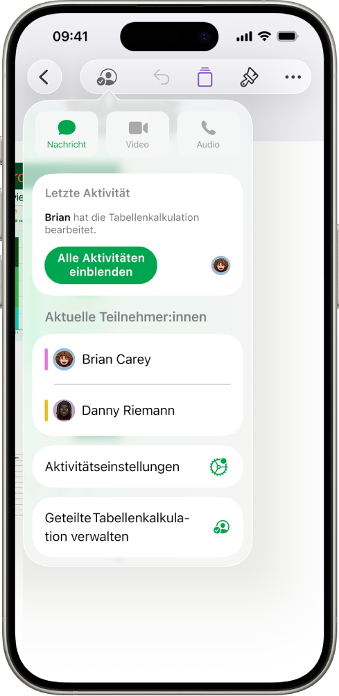 Das Menü für die Zusammenarbeit mit den Namen von Personen, die gemeinsam eine Tabellenkalkulation bearbeiten.