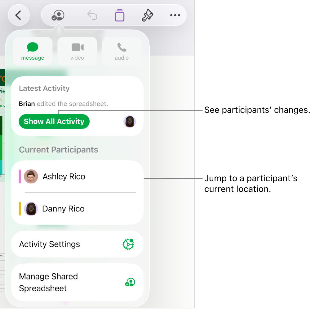 The collaboration menu with current participants listed.