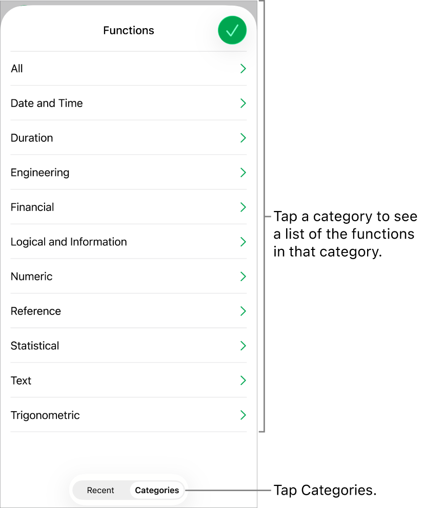 The Functions Browser with the Categories button selected and the list of categories below.