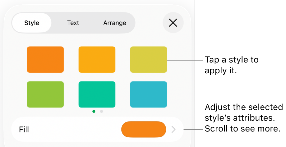 The Style tab of the Format menu, with object styles at the top and a control below them to change the fill.