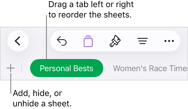 The tab bar for adding a new sheet, navigating, reordering, and reorganizing sheets.