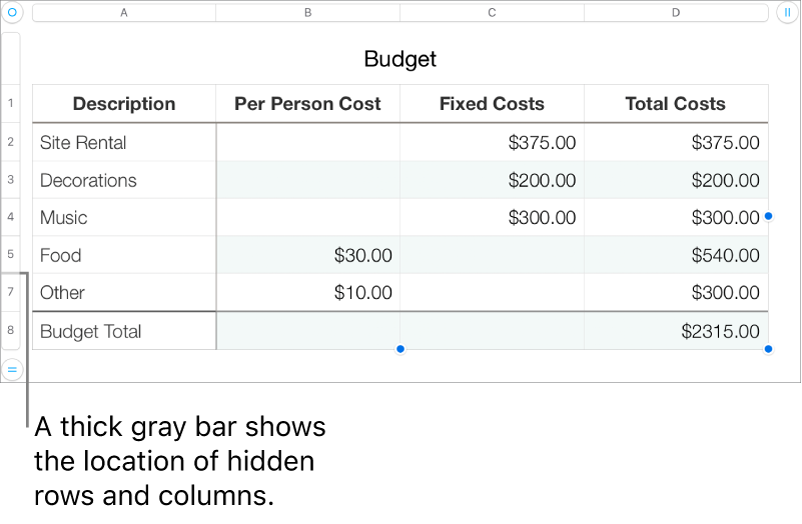 A thick gray bar that shows the location of hidden rows and columns