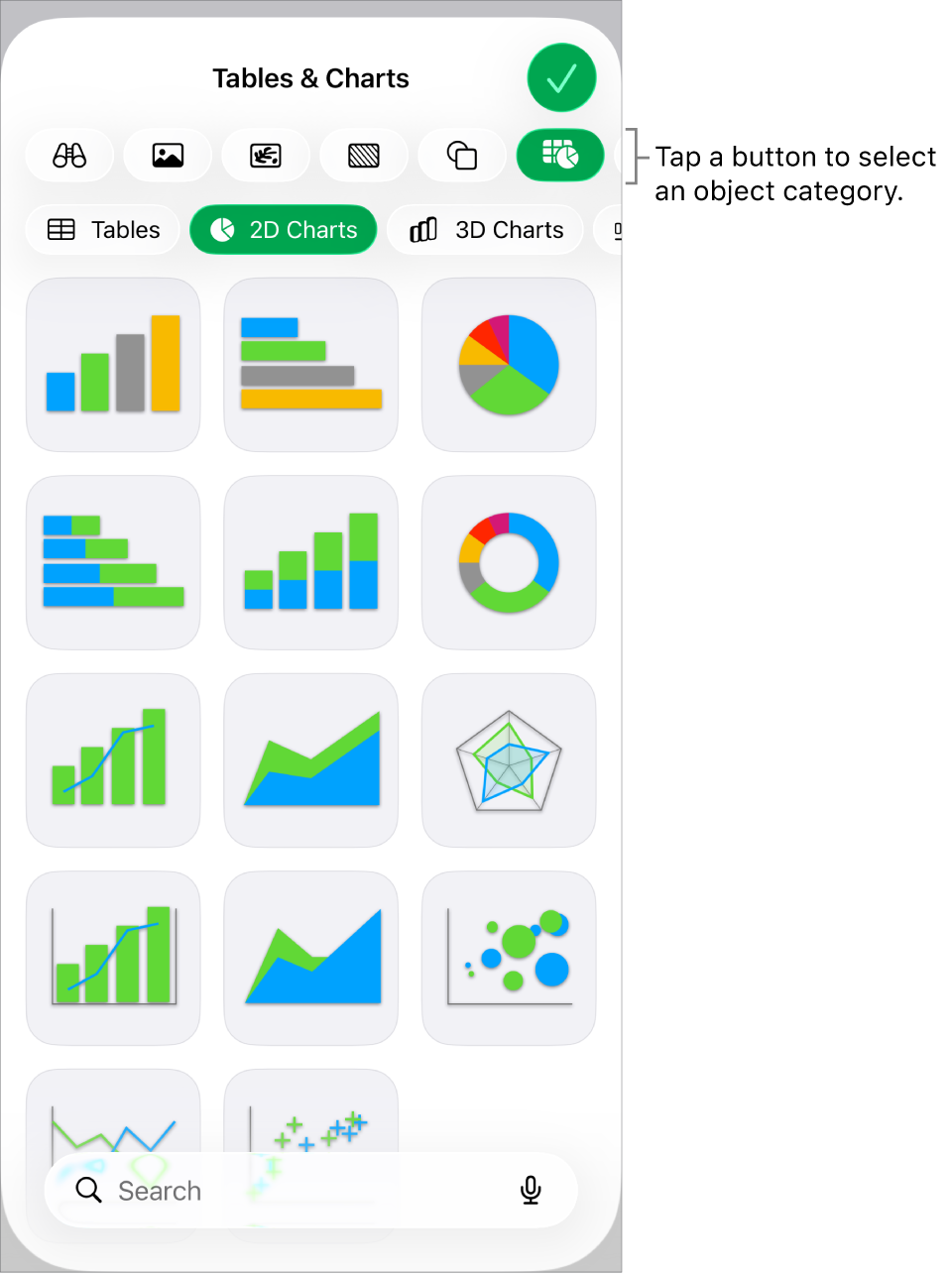 The controls for adding an object, with buttons at the top to choose tables, charts, shapes (including lines and text boxes), and media.