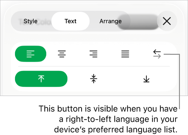 The Style section of the Format menu with a callout to the Right to Left button.