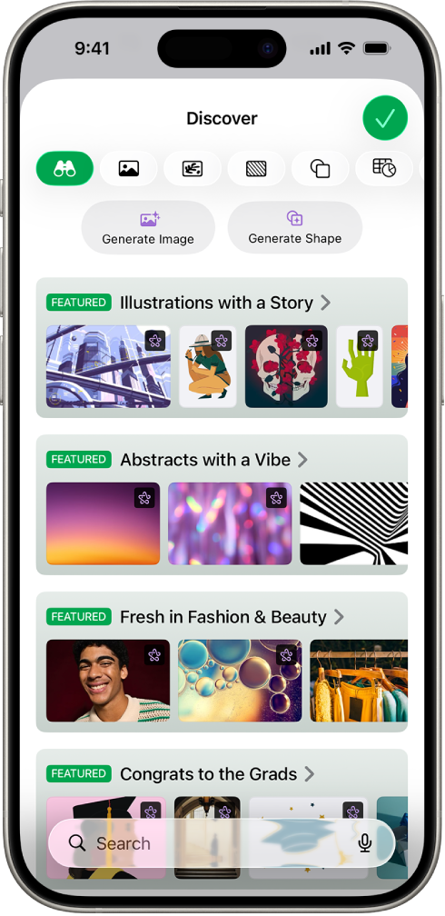 The Discover category of the Content Hub showing options to generate an image or add premium images to a spreadsheet.