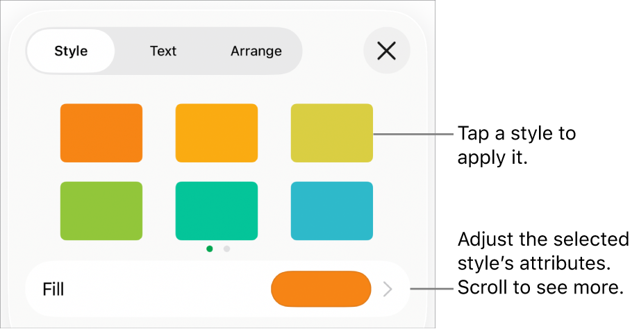 The Style tab of the Format menu, with object styles at the top and a control below them to change the fill.