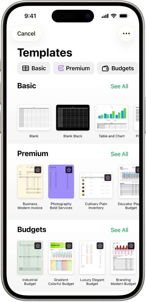 The template chooser, showing a row of categories across the top that you can tap to filter the options. Below are thumbnails of predesigned templates arranged in rows by category, starting with Recents at the top and followed by Basic and Personal Finance. A See All button appears above and to the right of each category row. The Language and Region button is in the top-right corner.