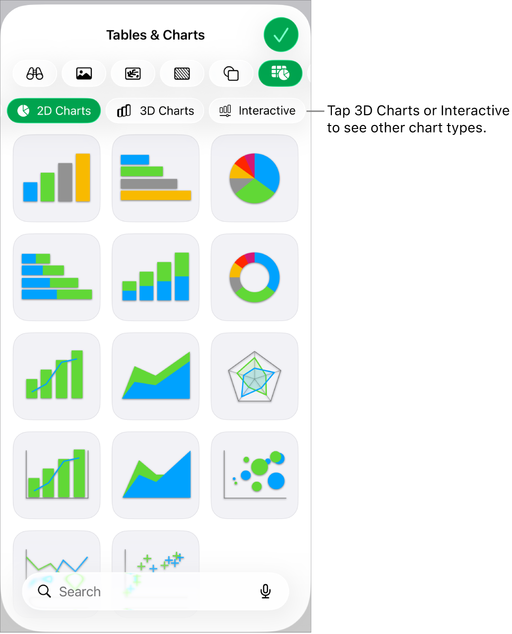 The chart menu showing 2D charts.