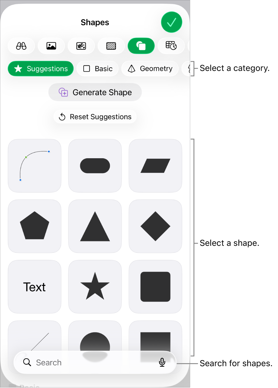 The shapes library, with categories at the top and shapes displayed below. You can use the search field at the top to find shapes and swipe to see more.
