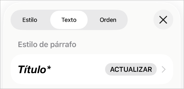 Un estilo de párrafo con un asterisco junto a él y un botón Actualizar a la derecha.