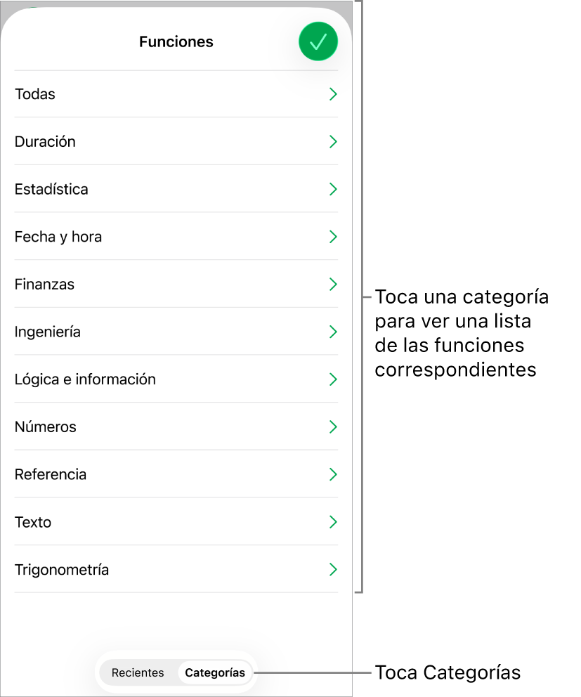 El explorador de funciones con el botón Categorías seleccionado y la lista de categorías debajo.