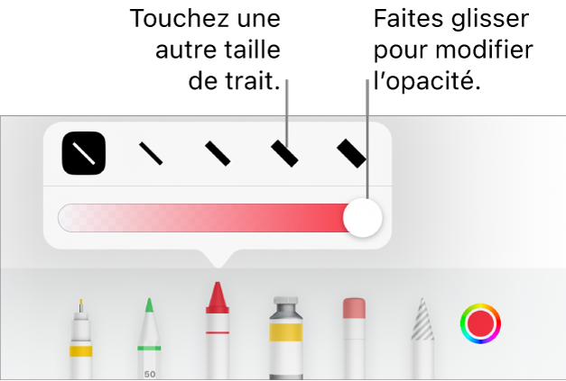 Commandes de sélection de taille de trait et curseur d’ajustement de l’opacité.