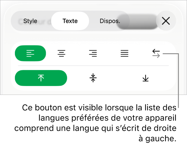 La section Texte du menu Format avec une légende pour le bouton De droite à gauche.