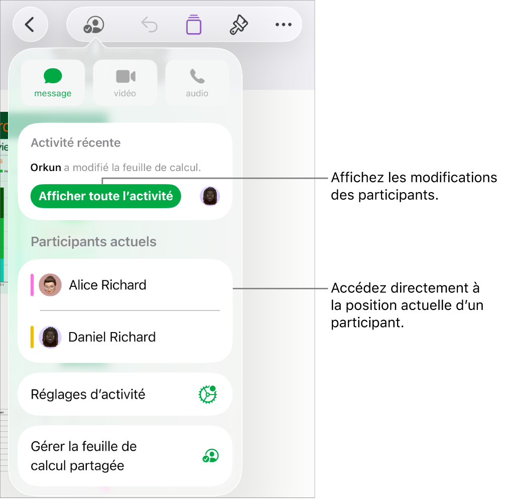 Le menu de collaboration répertoriant les participants actifs.
