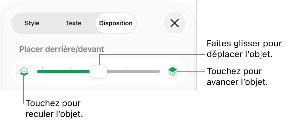 Le bouton de déplacement vers l’arrière, le bouton de déplacement vers l’avant et le curseur de superposition.