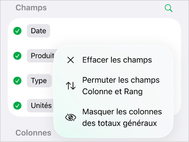 Le menu « Options du champ » affichant les commandes permettant de masquer les totaux généraux, de permuter les champs Colonne et Rang, et d’effacer des champs.