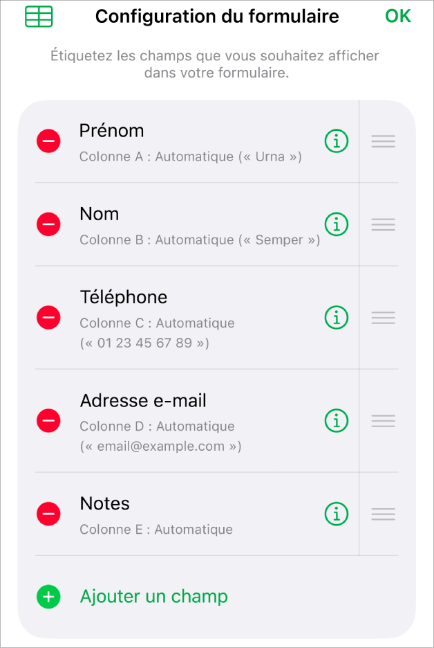 Les commandes Configuration de formulaire, affichant les options pour ajouter, modifier, réorganiser et supprimer des champs, mais également pour modifier le format des champs (comme passer du texte au pourcentage)