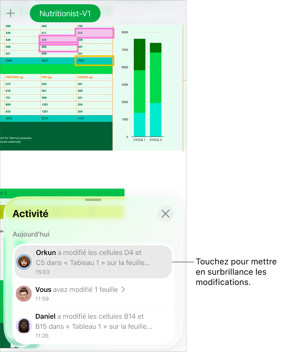 Une feuille de calcul collaborative avec le menu de collaboration et la liste d’activités tous les deux ouverts.