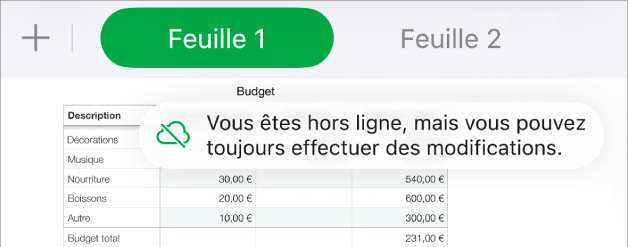 Les boutons en haut de l’écran, avec le bouton Collaboration remplacé par un nuage barré d’une ligne diagonale. Une alerte à l’écran indique « Vous êtes hors ligne, mais vous pouvez toujours effectuer des modifications ».