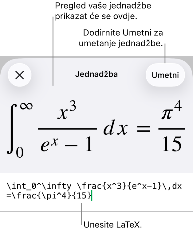 Dijaloški okvir Jednadžba koji prikazuje jednadžbu napisanu korištenjem LaTeX naredbi i prikaz gornje formule.