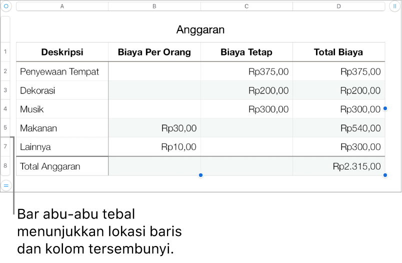 Bar abu-abu tebal menampilkan lokasi baris dan kolom tersembunyi