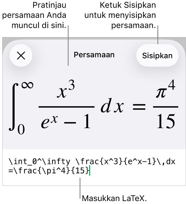 Dialog Persamaan, menampilkan sebuah persamaan ditulis menggunakan perintah LaTeX, dan pratinjau formula di atas.