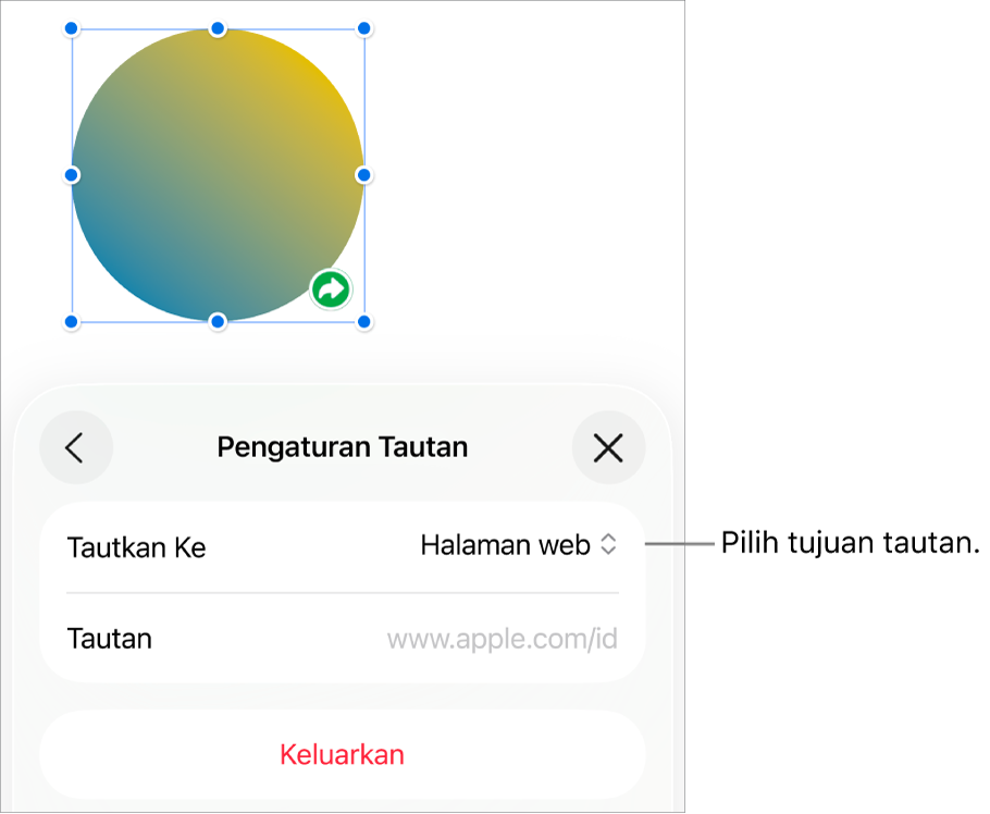 Kontrol Pengaturan Tautan dengan Halaman Web dipilih, dan tombol Hapus di bagian bawah.